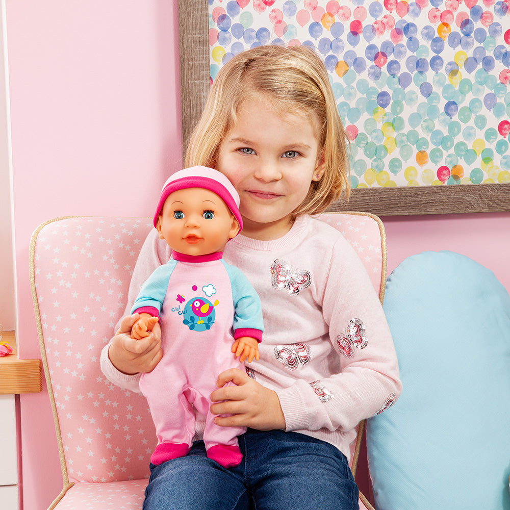 Bayer Bouncy Baby Doll - 36cm Soft Body Interactive Toy for Toddlers and Kids - Includes Outfit and Accessories - Realistic Newborn Play Doll for Role Play and Nurturing