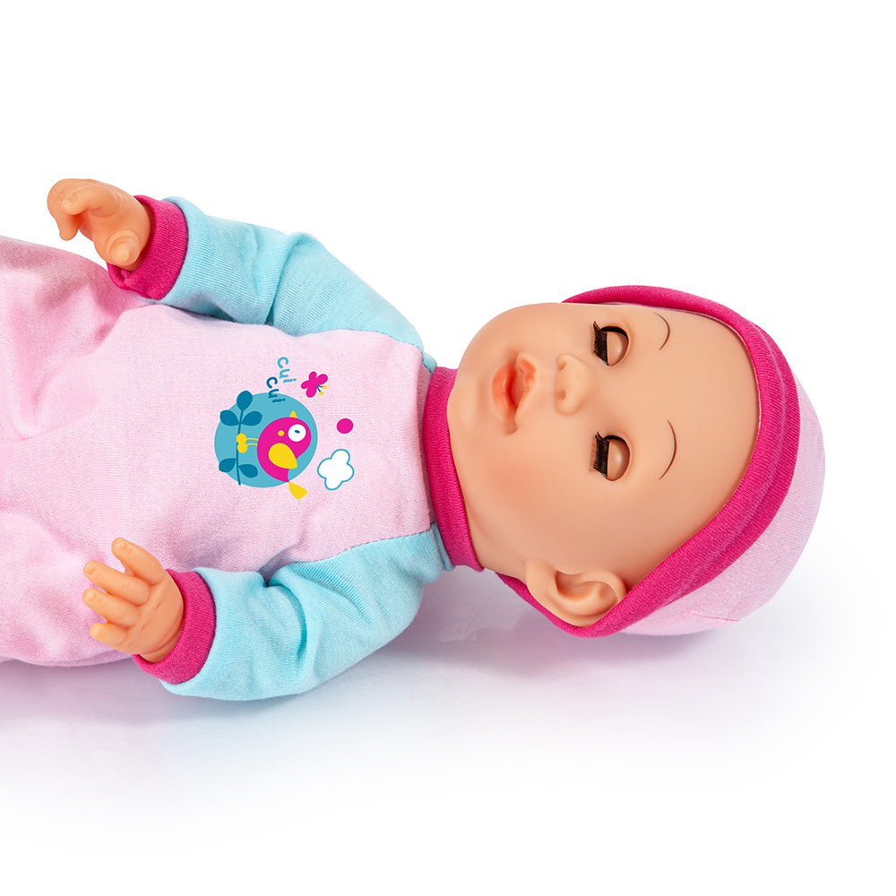 Bayer Bouncy Baby Doll - 36cm Soft Body Interactive Toy for Toddlers and Kids - Includes Outfit and Accessories - Realistic Newborn Play Doll for Role Play and Nurturing