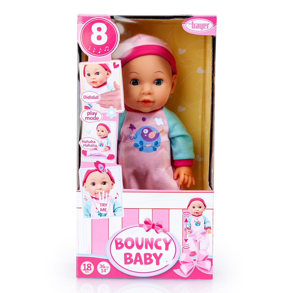 Bayer Bouncy Baby Doll - 36cm Soft Body Interactive Toy for Toddlers and Kids - Includes Outfit and Accessories - Realistic Newborn Play Doll for Role Play and Nurturing