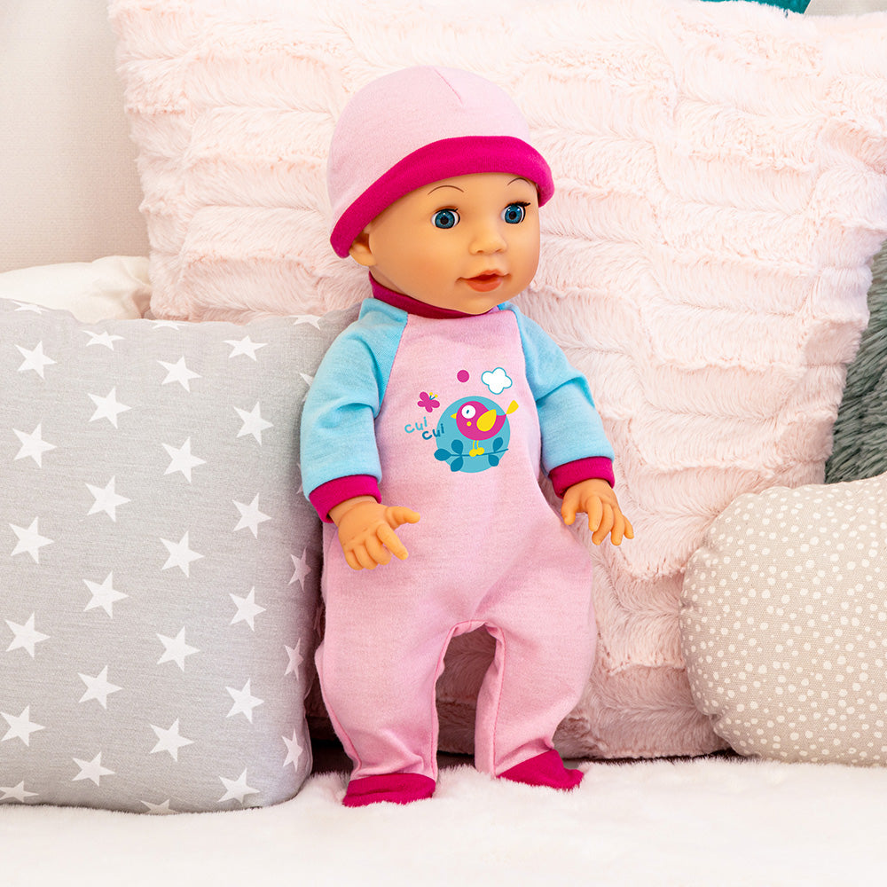 Bayer Bouncy Baby Doll - 36cm Soft Body Interactive Toy for Toddlers and Kids - Includes Outfit and Accessories - Realistic Newborn Play Doll for Role Play and Nurturing