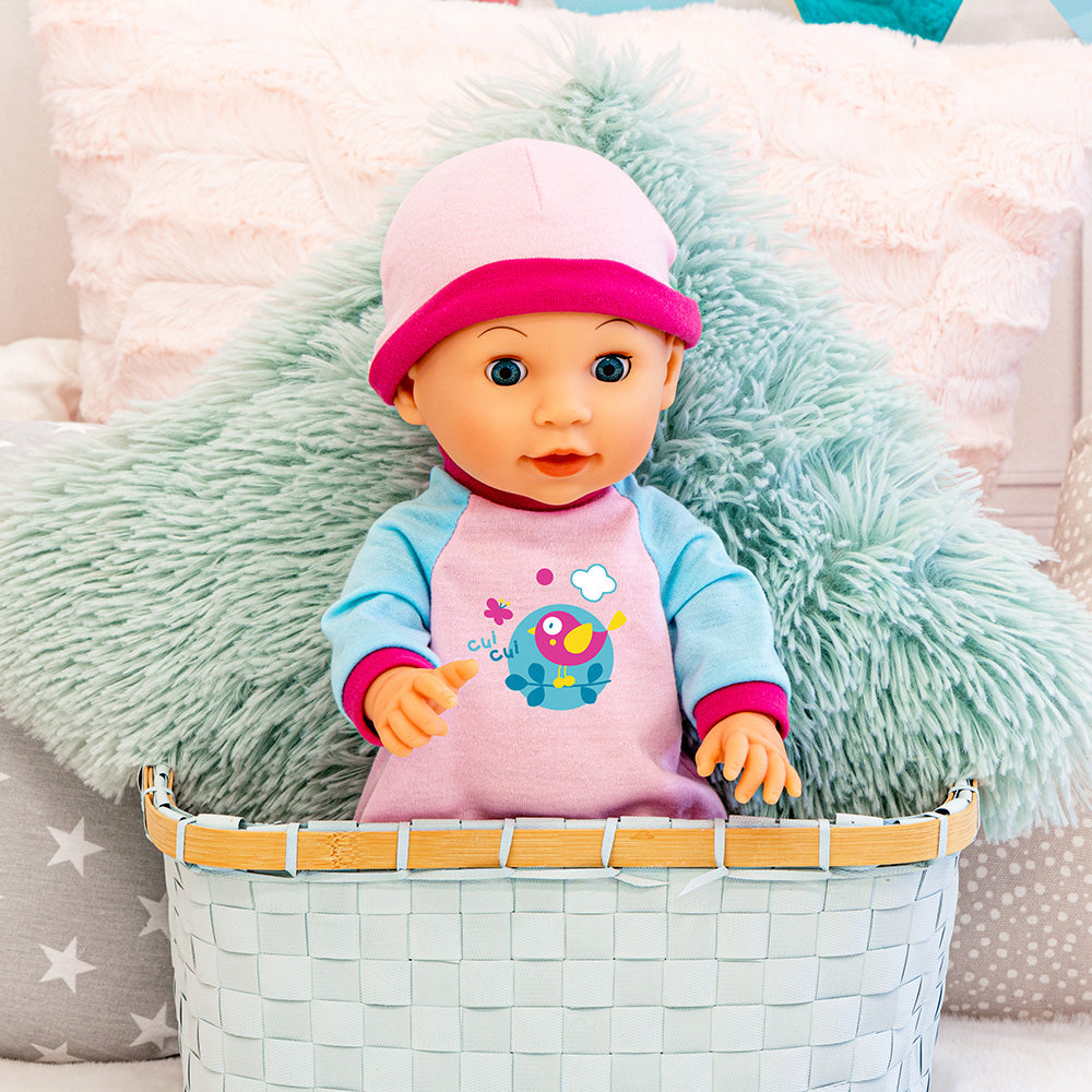 Bayer Bouncy Baby Doll - 36cm Soft Body Interactive Toy for Toddlers and Kids - Includes Outfit and Accessories - Realistic Newborn Play Doll for Role Play and Nurturing